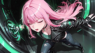 Pink-Haired Leather Tech! Private vibes in a neon-lit cyber corridor.