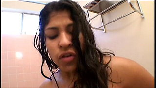 Exotic beauty washing her hairy pussy in the bathroom while her man wants to fuck her