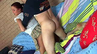 Cheerful Amelia gives a blowjob while doing the splits, then gives her teen ass to be fucked