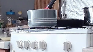 Sexy Naked Wife Preparing Food in the Kitchen. Hairy Brunette, Big Ass, Big Tits.