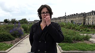 Hot brunette assistant does blowjob and handjob for two guys