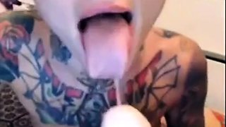 Tattooed Blonde Rough Throat Sex With Dildo On Webcam