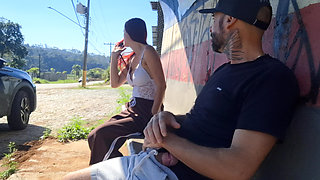 Risky handjob to stranger at bus stop in public!