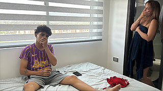 Stepson masturbates seeing the underwear of his big ass stepmom and they end up having a good fuck.