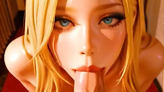 Blonde with massive heavy tits gives a wet deep blowjob in the hotel hallway