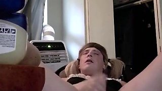 lucy laurel deep-throats XXL faux-cock and milks off