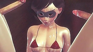 Helen Parr The Incredibles Takes Two Cocks - Double Blowjob & Rough Group Sex with Facial Cum in 3D Animation