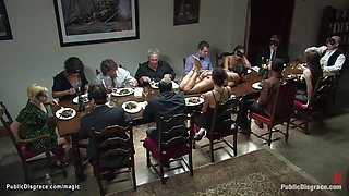 Bound slave laid on dinning table