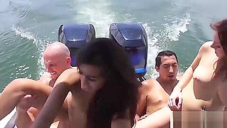 Cute brunette college teen 18+ girls foursome on speedboat