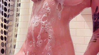 A super sexy blonde with big boobs and masturbating with a v