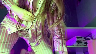 With talk. A virgin with a perfect body caresses her pussy
