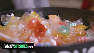 Step-father & daughter-in-law are gigantic bad wolf & little crimson riding hood for halloween & stepmom is envious