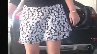 Wife trying on a new skirt in the carpark flashing her ass and pussy