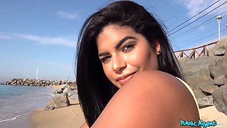 Beach stunner fucked on a public beach and then in personal swimming pool - public agent