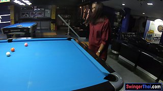 Curvy bottom Thai GF plays pool and blowjobs