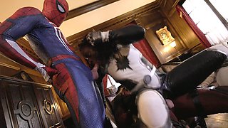 Ebony girl gets fucked by guys in deadpool and spiderman cosplays. Intense threesome!