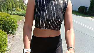 Walking Down the Street in a See-through Blouse Public Flashing of Tits and Pussy