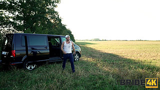 BRIDE4K. Threesome with sexy teen bride with natural tits in the car