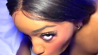 Sexy busty ebony swallows and rides a thick white dick POV