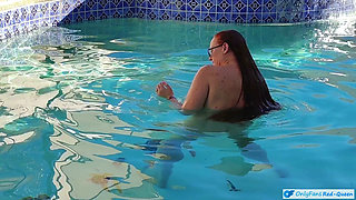 Hot Long Haired Ginger MILF Taking a Dip and Fucking in Outdoor Pool