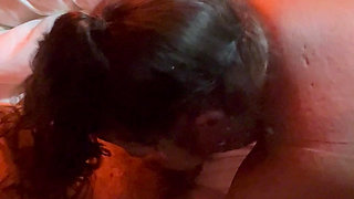 Swallowing His Load After Banging His Balls with Her Nipple Weights