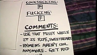 Three experienced guys give two innocent cuties some lessons of sexual education