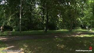 Shaved pussy Euro babe fucked in public