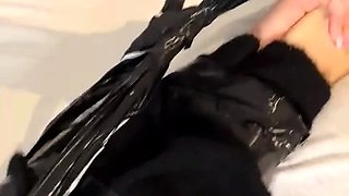 Brunette with foot fetish rubs big dick with her feet in POV