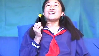 Asian petit on the cock in a college uniform