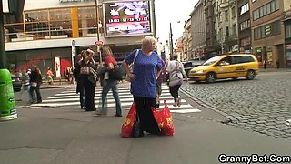 Big tits blonde granny riding his dick
