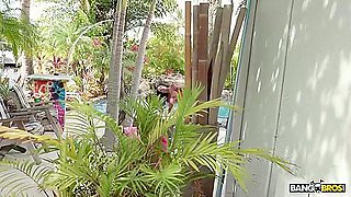 Busty Ebony Mystique Caresses Her Enhanced Tits By The Pool While Her Stepson Is Watching